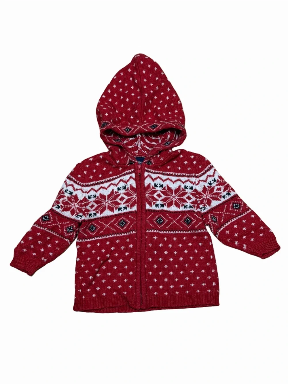 OshKosh B’gosh Baby 36M Red Fair Isle Snowflake Hooded Zip Sweater Cardigan